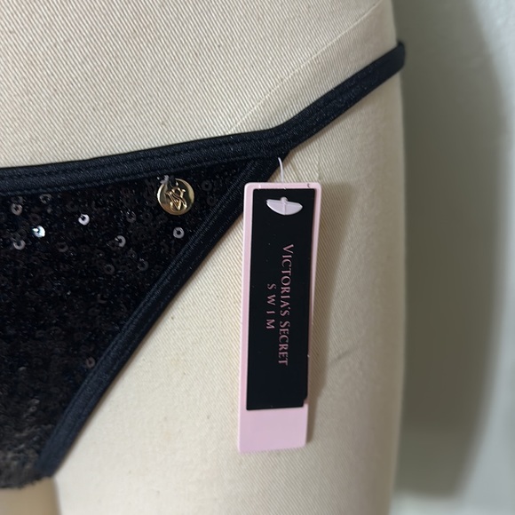 VICTORIA'S SECRET SWIM Sequin Cheeky String Bikini Bottom Black Medium NWT - Picture 2 of 9